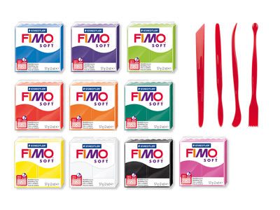 Fimo Soft Polymer Clay 57g         Beginners Set Of 10 Colours And    Tool Set