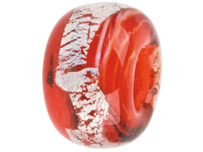 Murano Style Glass Charm Beads, Red With White & Silver Foil Decoration
