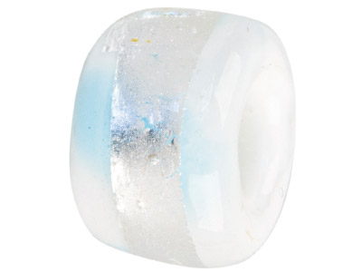 Murano Style Glass Charm Bead, White With Light Blue & Silver Foil Decoration