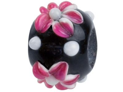 Murano Style Glass Charm Beads Black With Pink Flower Design