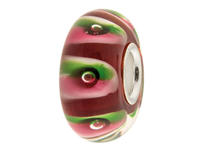 Glass Charm Bead, Red With Green   And Pink Stripes, And Bubbles,     Sterling Silver Core