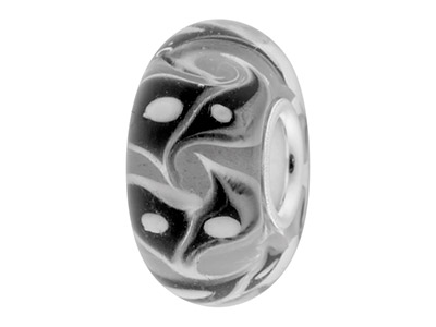 Glass Charm Bead, White With Black And White Abstract Pattern,        Sterling Silver Core - Standard Image - 1