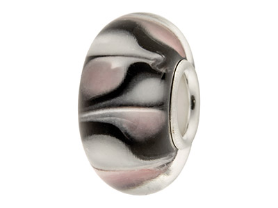 Glass Charm Bead, Black With Brown And White Large Dots, Sterling     Silver Core