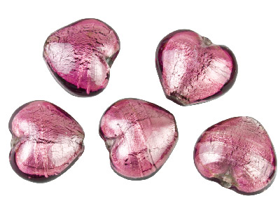 Silver Foil Glass Heart Light Purple Beads 15mm, Pack Of 5