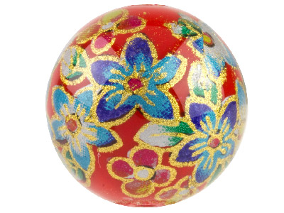 Round 16mm Decal Beads Red With Blue Flower, 2 Pack