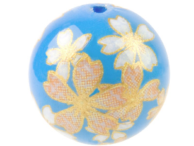 Round 12mm Decal Beads Blue With Soft Pink Flower, 4 Pack