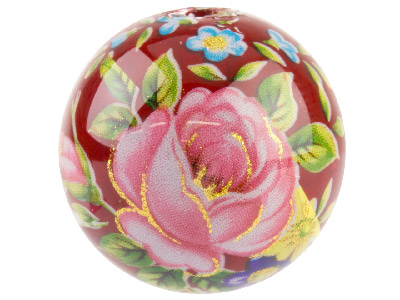 Round 16mm Decal Beads Wine With Pink Rose, 2 Pack