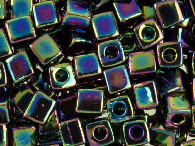 Miyuki Cube Seed Beads 4mm Square  Rainbow Opaque Black 20g Tube,     Miyuki Code Sb4-401r