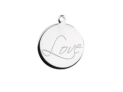 Sterling Silver Round Disc,        Engraved Love 16mm