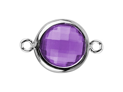 Sterling Silver Round Connector     With Amethyst Colour Cubic Zirconia 8mm