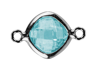 Sterling Silver Square Connector   With Aqua Colour Cubic Zirconia,   6mm