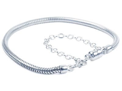 Sterling Silver Charm Bead          Bracelet, 7.5, Hallmarked Snake,   With Magnetic Lock And Safety Chain