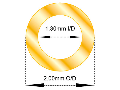 9ct Yellow Gold Tube, Ref 10,      Outside Diameter 2.0mm,            Inside Diameter 1.3mm, 0.35mm Wall Thickness, 100% Recycled Gold - Standard Image - 2