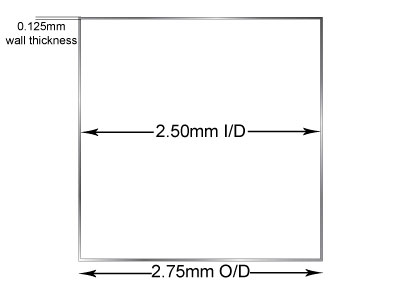 Sterling Silver Square Tube, H1452, Outside Diameter 2.75mm,            Inside Diameter 2.5mm, 0.125mm Wall Thickness, 100% Recycled Silver - Standard Image - 2