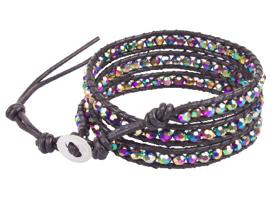 Black Rainbow Crystal And Leather Wrap Around Silver Bracelet, 51 To 56cm