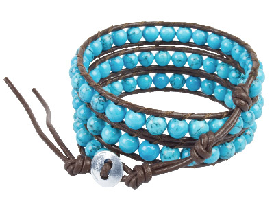 Turquoise And Leather Wrap Around Silver Bracelet, 51 To 56cm