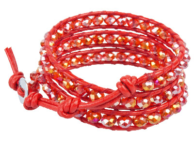 Red Crystal And Leather Wrap Around Silver Bracelet, 51 To 56cm