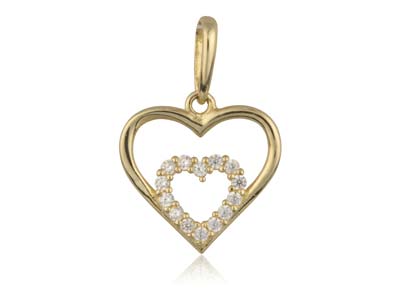 9ct Yellow Gold Double Heart        Outline Pendant With Cubic Zirconia