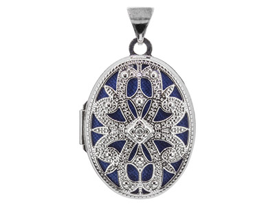 Sterling Silver Locket 21mm        Filigree Oval Set With 0.005ct     Diamond