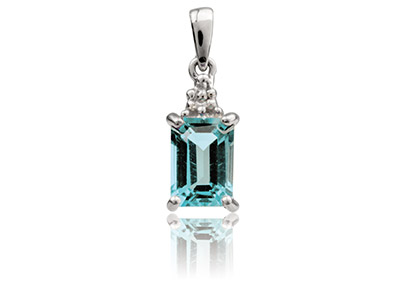 Sterling Silver Pendant With       Emerald Cut Blue Topaz And Diamond - Standard Image - 1