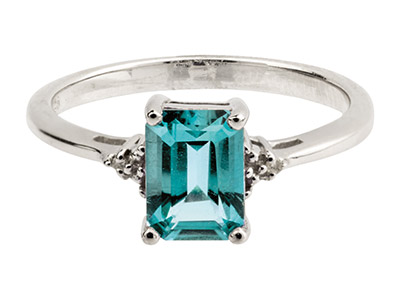 Sterling Silver Ring With Emerald  Cut Blue Topaz And Diamond, Size P