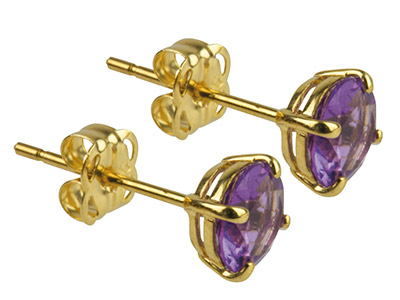 9ct Yellow Gold Birthstone Earrings 5mm Round Amethyst - February