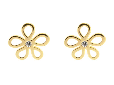 9ct Yellow Gold Flower Outline Stud Earrings Set With Cubic Zirconia