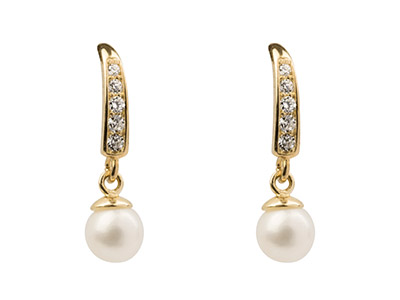 9ct Yellow Gold Drop Earrings With 4mm Fresh Water Pearl And          Cubic Zirconia - Standard Image - 1