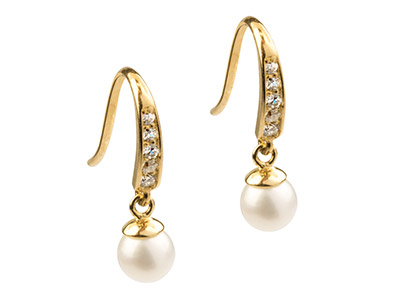 9ct Yellow Gold Drop Earrings With 4mm Fresh Water Pearl And          Cubic Zirconia - Standard Image - 2