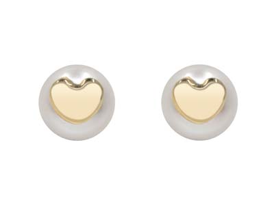 9ct Yellow Gold Pearl And Heart    Design Stud Earring