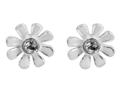 Sterling Silver Earrings           Cubic Zirconia White Enamel Flower Stud - Standard Image - 1