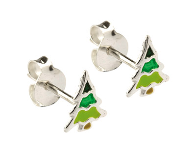 Sterling Silver Christmas Tree     Enamel Stud Earrings - Standard Image - 1