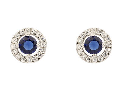 Sterling Silver Round Halo Stud    Earrings With Blue And White       Cubic Zirconia - Standard Image - 1