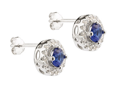 Sterling Silver Round Halo Stud    Earrings With Blue And White       Cubic Zirconia - Standard Image - 2