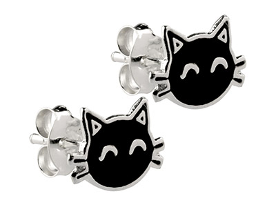 Sterling Silver Cat Enamel Stud    Earrings - Standard Image - 2