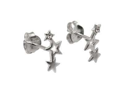 Sterling Silver Trio Star Design   Stud Earrings With White Crystal - Standard Image - 2