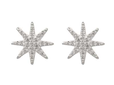 Sterling Silver Octogram Star      Design Stud Earrings With          Cubic Zirconia