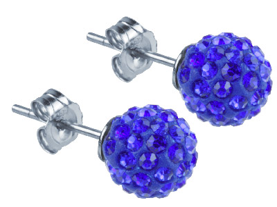 Shamballa Earrings, Blue Crystal Glitter Ball With Sterling Silver