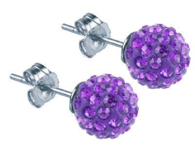 Shamballa Earrings, Purple Crystal Glitter Ball With Sterling Silver