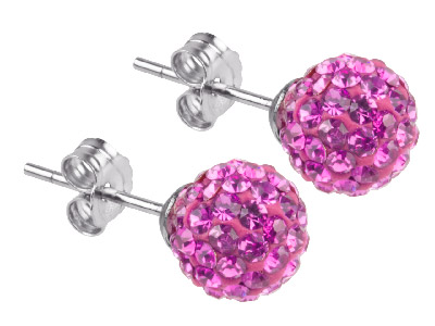 Shamballa Earrings, Hot Pink Crystal Glitter Ball With Sterling Silver