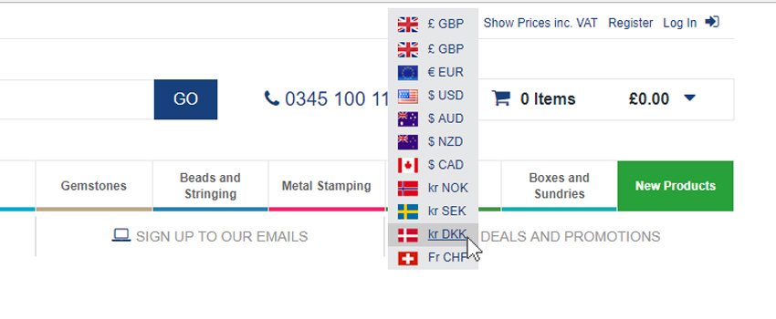 How to change into Danish Kroner on Cooksongold
