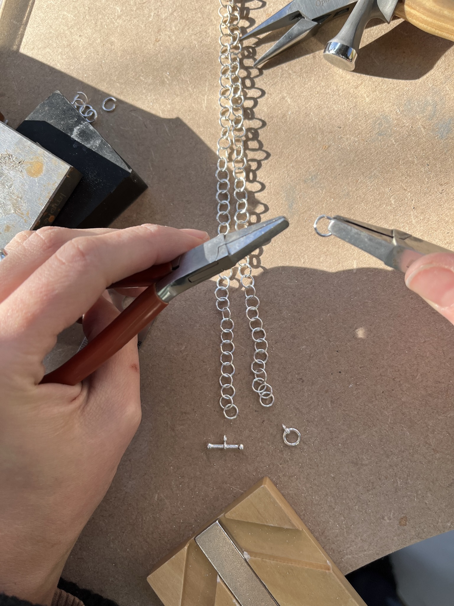 Open and close each jumpring with snipe/chain nose or flat nose pliers.