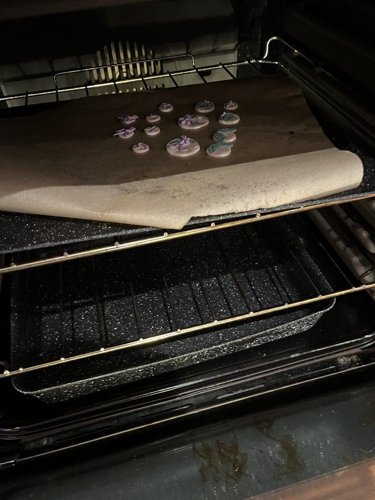 Shapes in a baking tray in the oven.