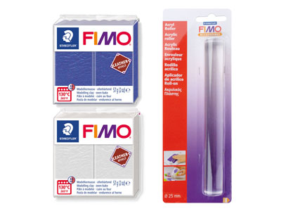 Fimo Leather Effect Starter Set, 2x 57g Blocks Indigo  And Ivory  And   Clay Roller