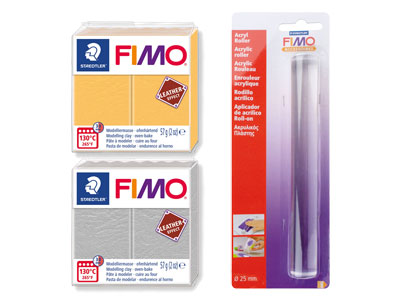 Fimo Leather Effect Starter Set,    2x57g Blocks Dove  Grey And Saffron Yellow  And Clay Roller - Standard Image - 1