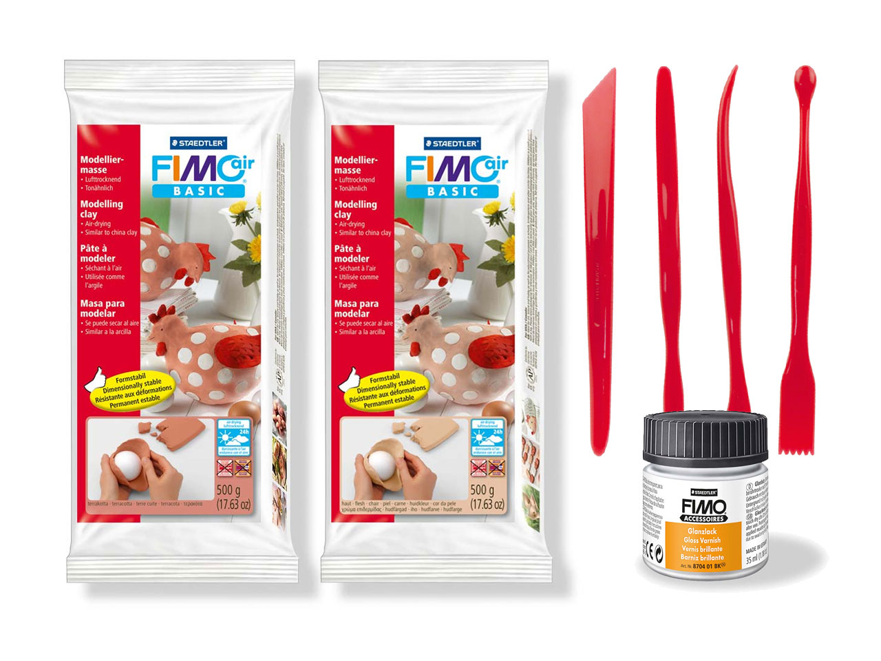 Fimo Air Starter Set, 2x 500g Blocks With Fimo Varnish And