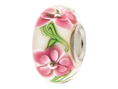 Glass Charm Bead, White With Pink  Flowers, Sterling Silver Core