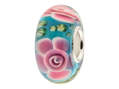 Glass Charm Bead, Blue With Pink   Flowers, Sterling Silver Core