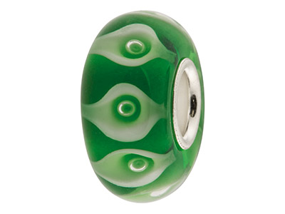 Glass Charm Bead, Green Circles    With Bubbles, Sterling Silver Core