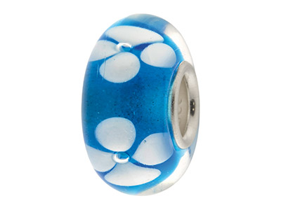 Glass Charm Bead, Blue With White  Flowers, Sterling Silver Core